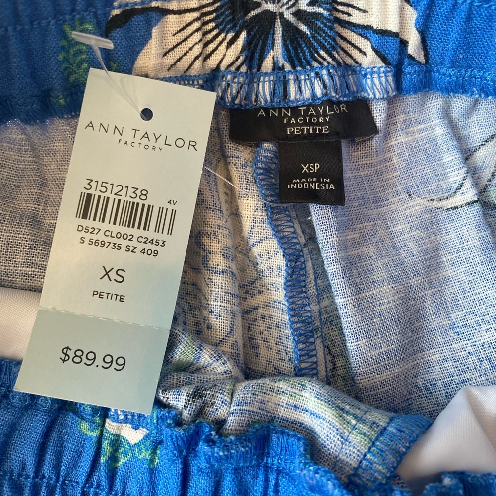 Ann Taylor linen wide leg pants pockets blue tropical print NWT XS Petite - Picture 2 of 5